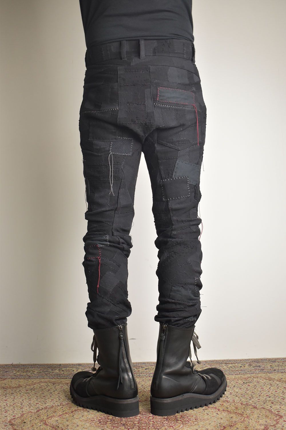 Hand Patchwork Crust Jacquard Overlock Twist Curve Pants "Black" / ハンドパッチワーククラストジャガードオーバーロックツイストカーブパンツ"ブラック"