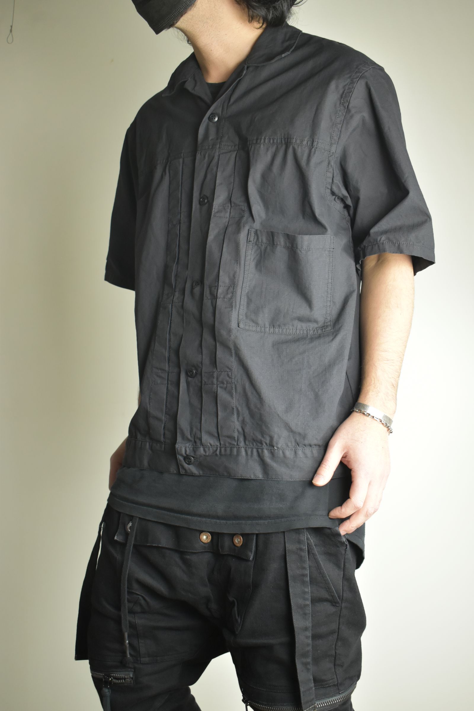 Rip Stop Open Collar Shirt"Black" / リップストップオープンカラーシャツ"Black"