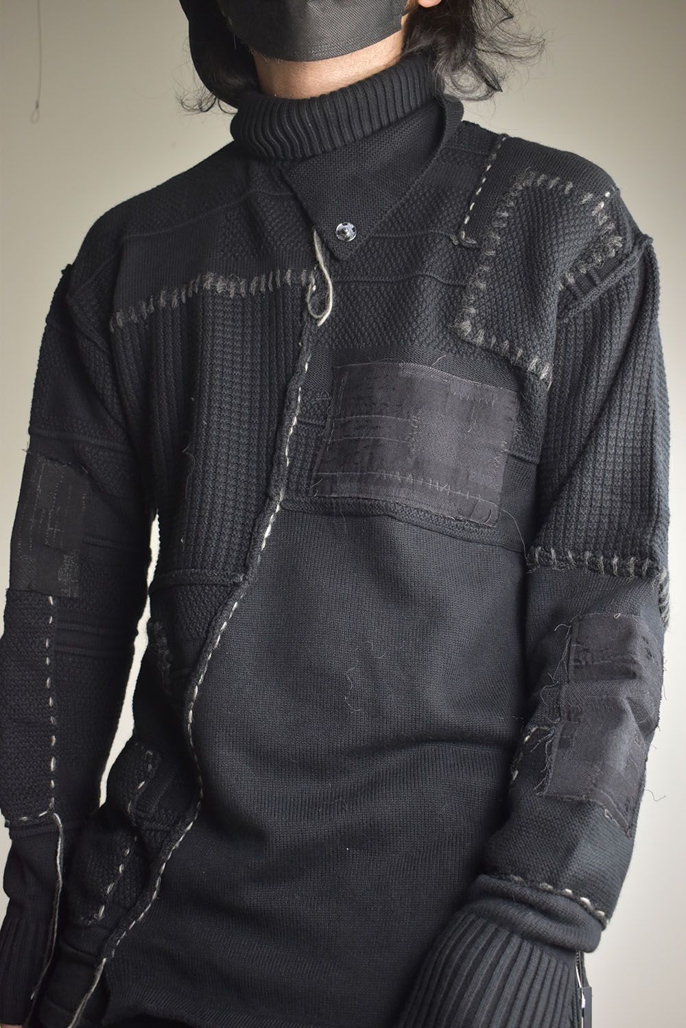 Cotton Cashmere Crust Patch Knit Pullover "Black" / コットンカシミヤクラストパッチニットプルオーバー"ブラック"
