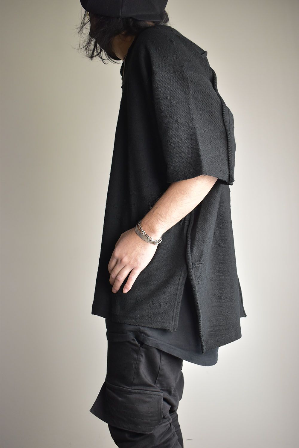 Cotton Damege Jaquard Over Sized Short Sleeve Tee"Black"/コットンダメージジャガードオーバーサイズショートスリーブTee"ブラック"