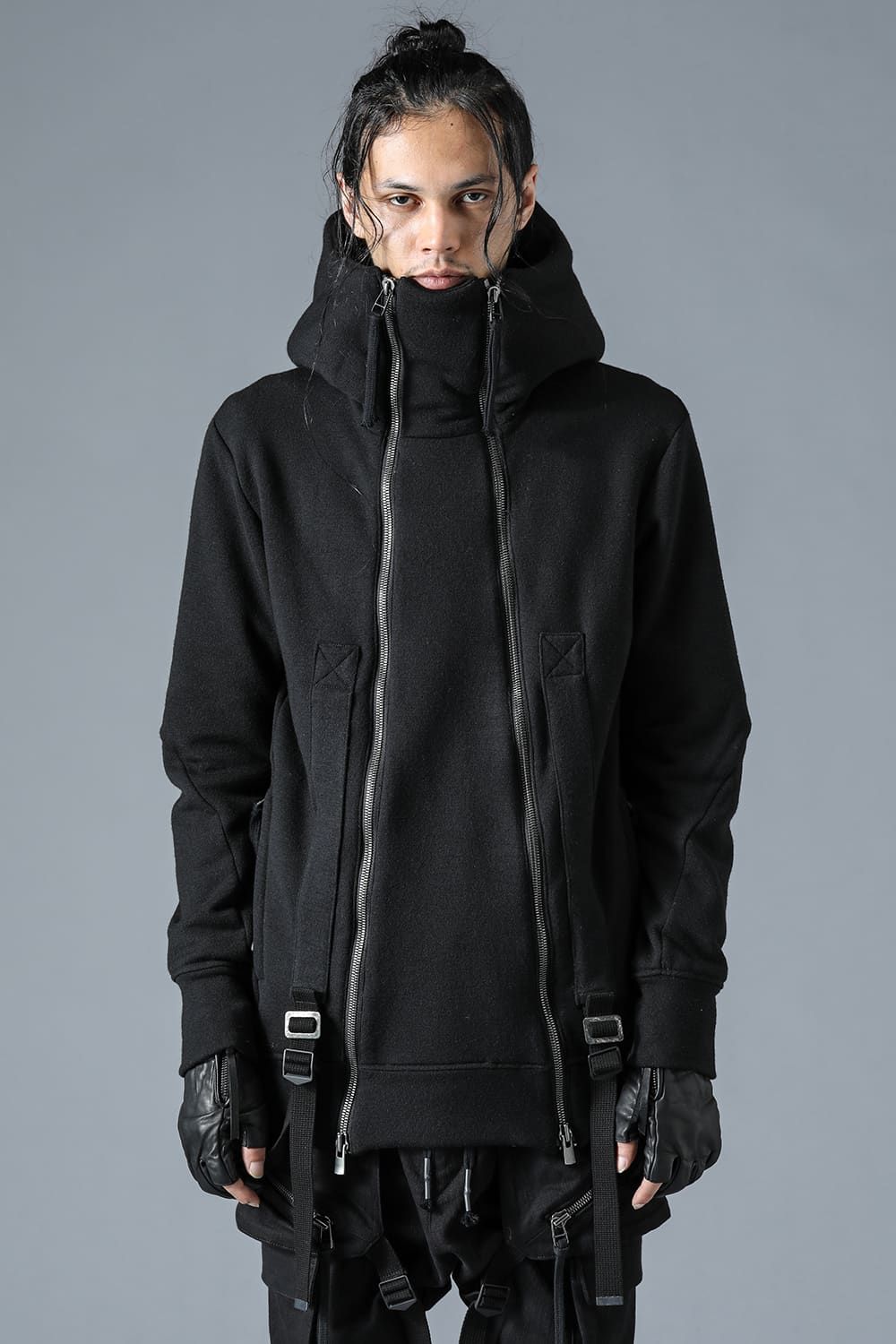 Wool Non-Ply Yarn Double Zip Suspender Hooded Jacket"Black"/ウール無撚糸裏毛ダブルジップサスペンダーフーデッドジャケット"ブラック"