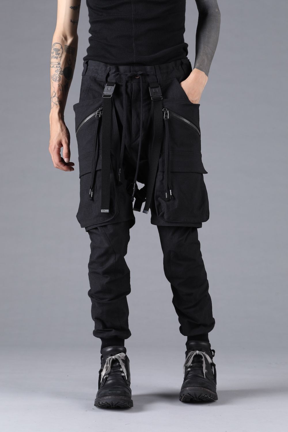 Ripstop Detachable Shorts Layered Cargo Jog Pants"Black" / リップストップデタッチャブルショーツレイヤードカーゴジョグパンツ"ブラック"