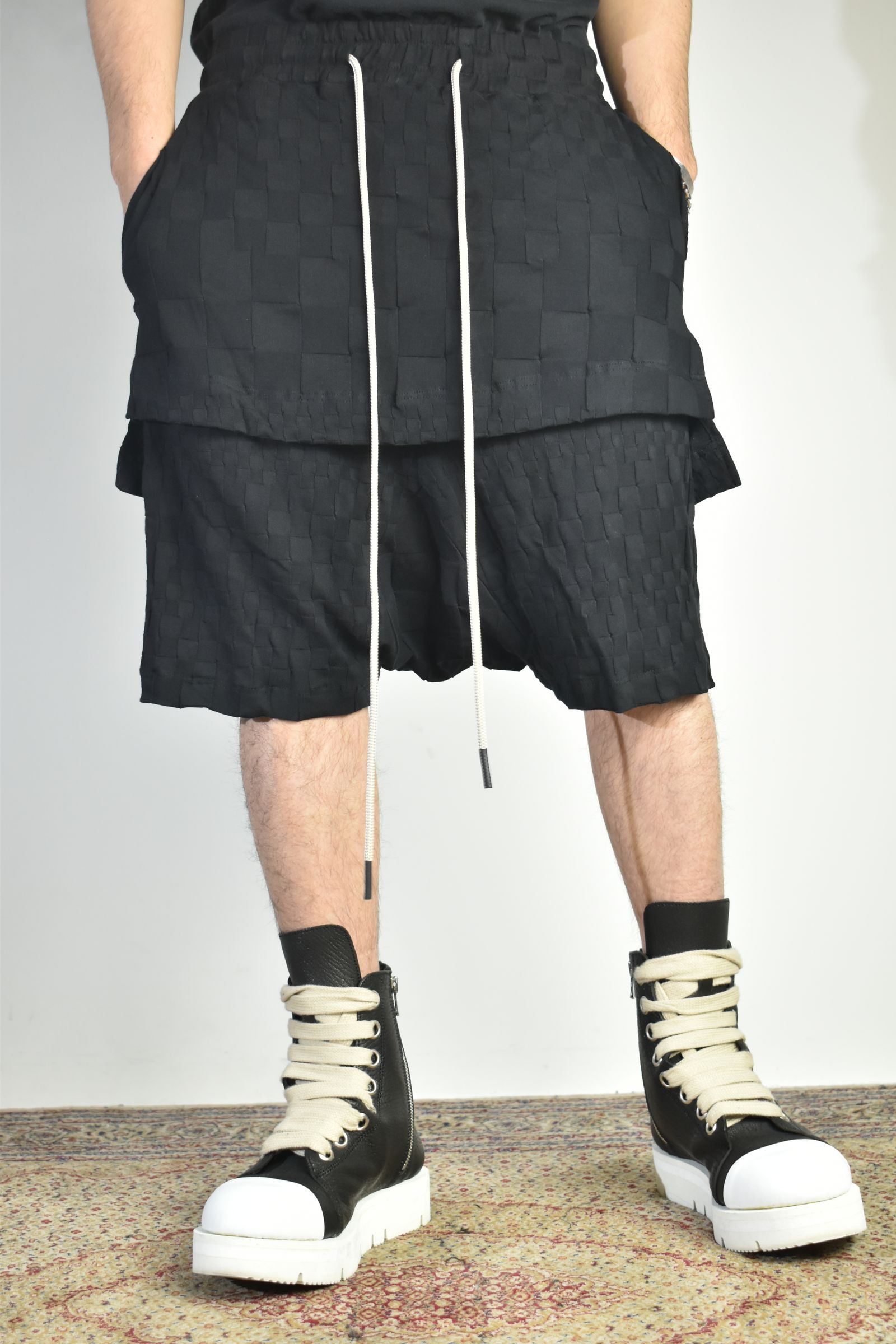 Gradient Plaid Pattern Layered Shorts"Black" / グラデーションチェックパターンレイヤードショーツ"ブラック"