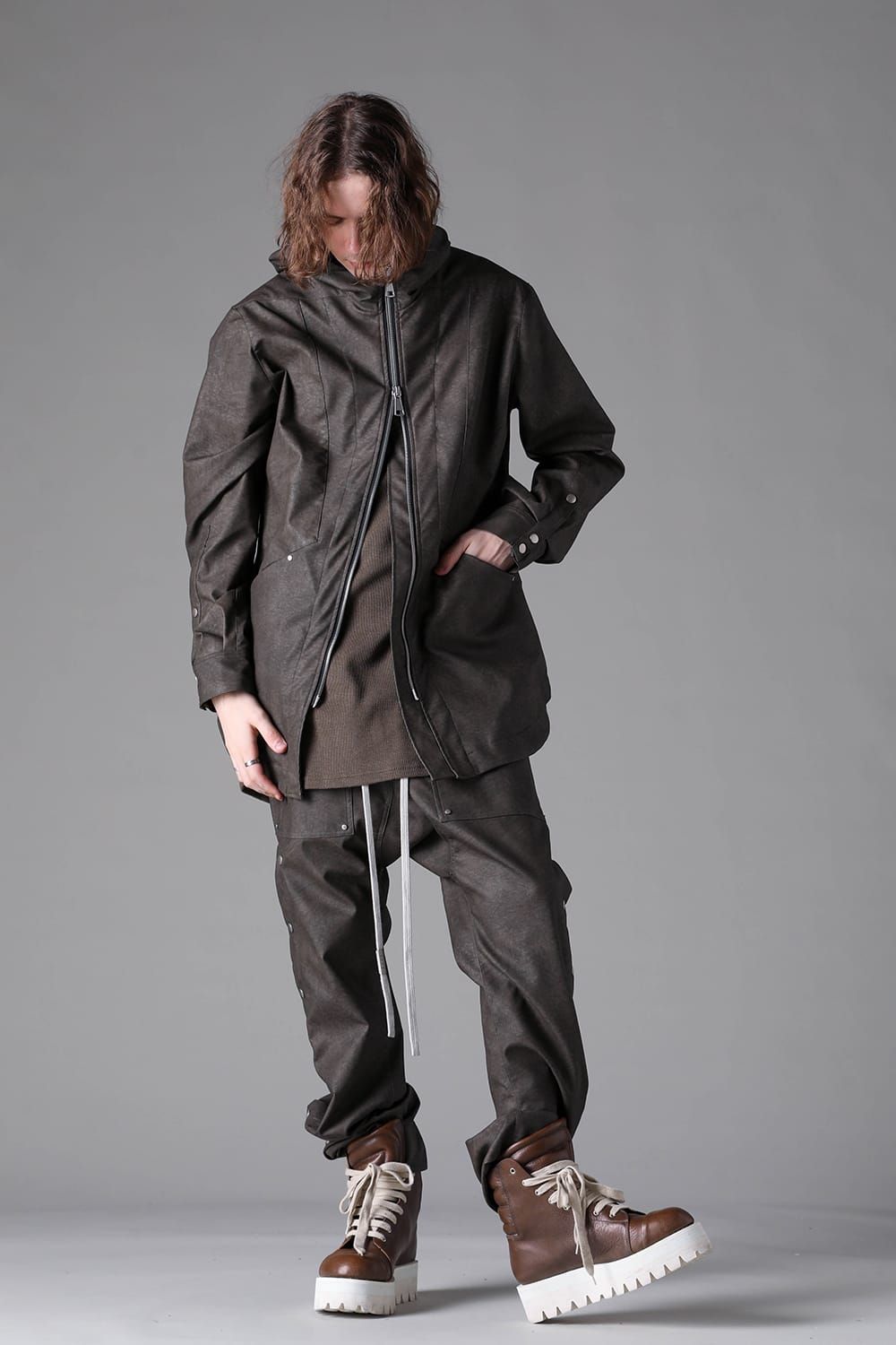 《2026AW先行予約》Vegan Leather Sarrouel Flare Pants"Smoke Black / Khaki" / ヴィーガンレザーサルエルフレアパンツ"スモークブラック/カーキ"