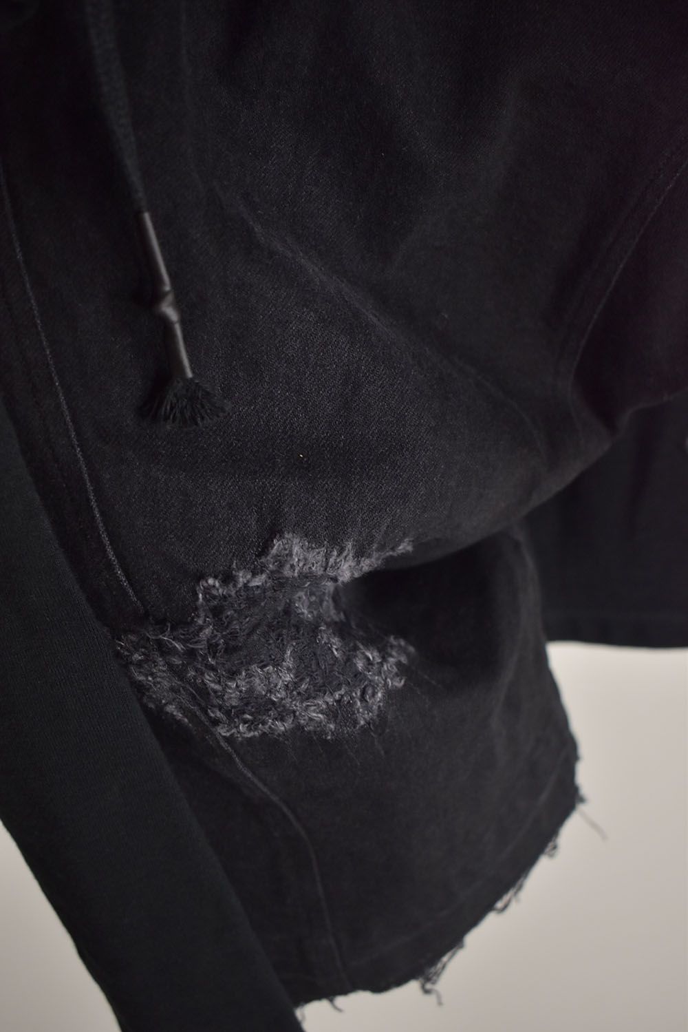 Stretch Denim Distressed Apron Wide Cropped Pants "Black" / ストレッチデニムダメージエプロンワイドクロップドパンツ"ブラック"