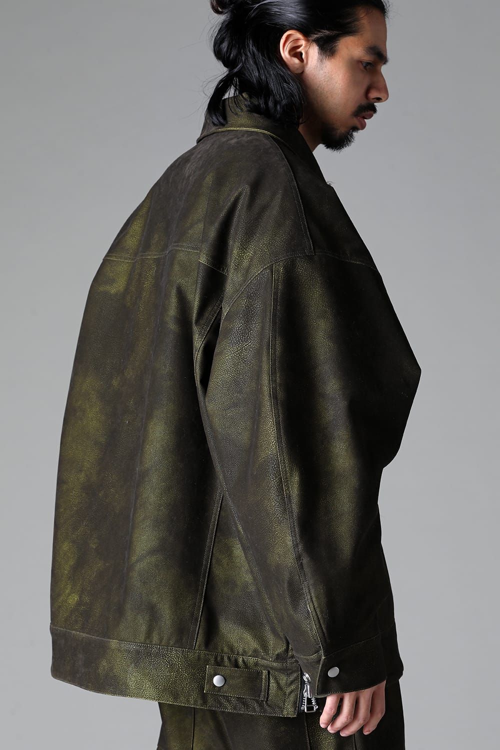 《2025AW先行予約》Synthetic Leather Jumbo Jacket"Black/Khaki" / シンセティックレザージャンボジャケット"ブラック/カーキ"