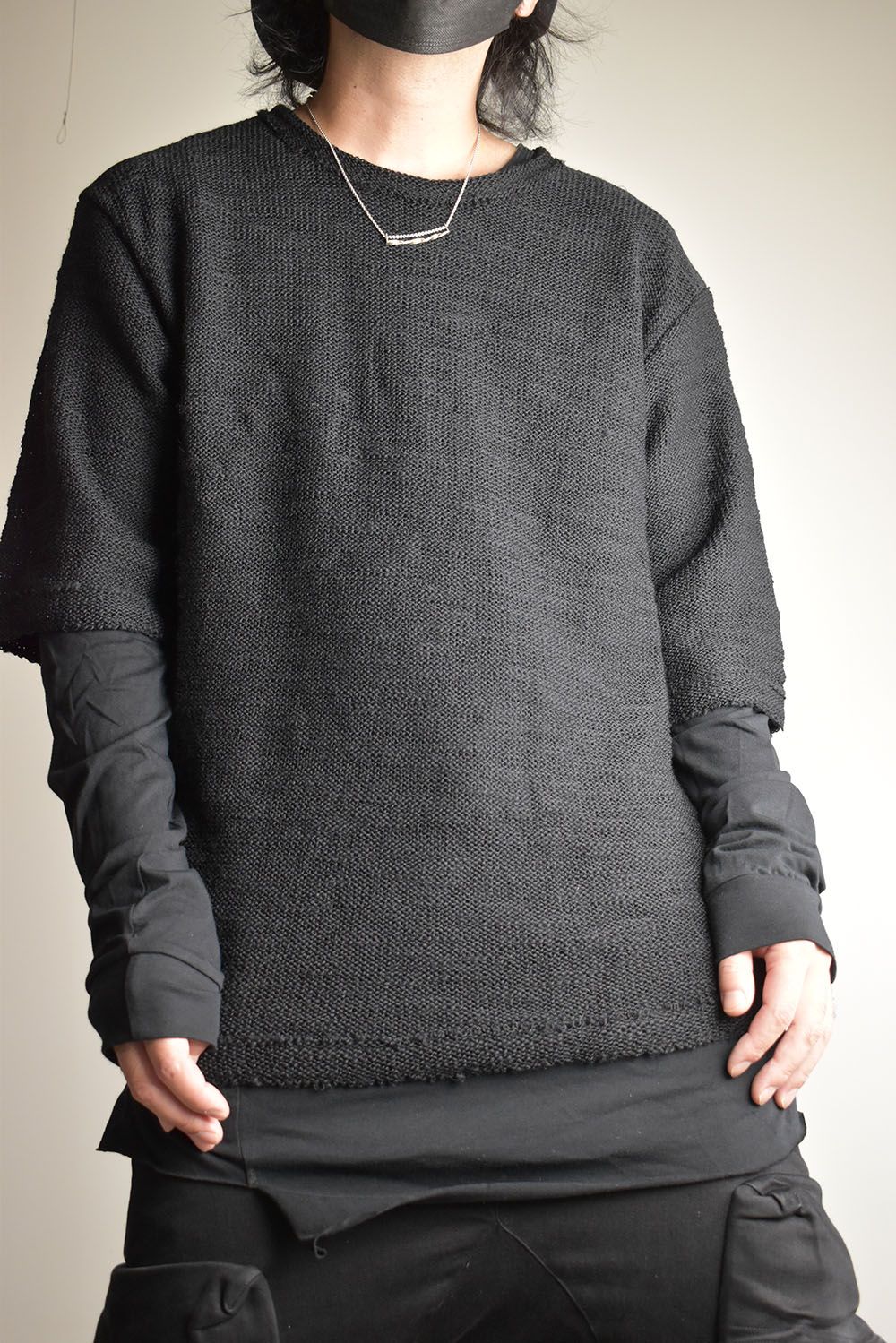 Low Gauge Knit and Cotton Jersey Layered T-Shirt "Black" / ローゲージニット×コットンジャージレイヤードTシャツ"ブラック"