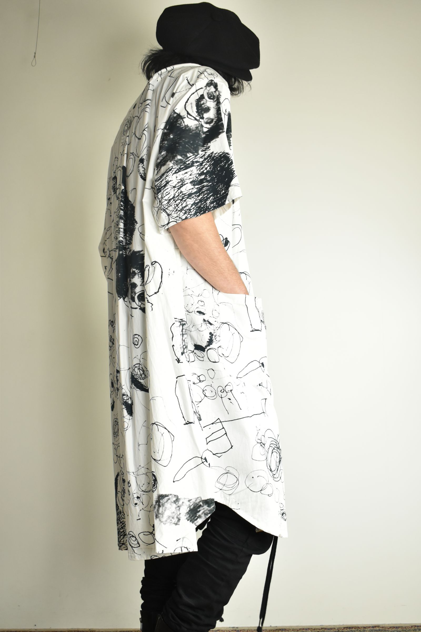 Cotton Twill Ink Jet Short-Sleeved Big Shirt&Dress"White Black" / コットンツイルインクジェット半袖ビッグシャツ / ワンピース"ホワイト ブラック"