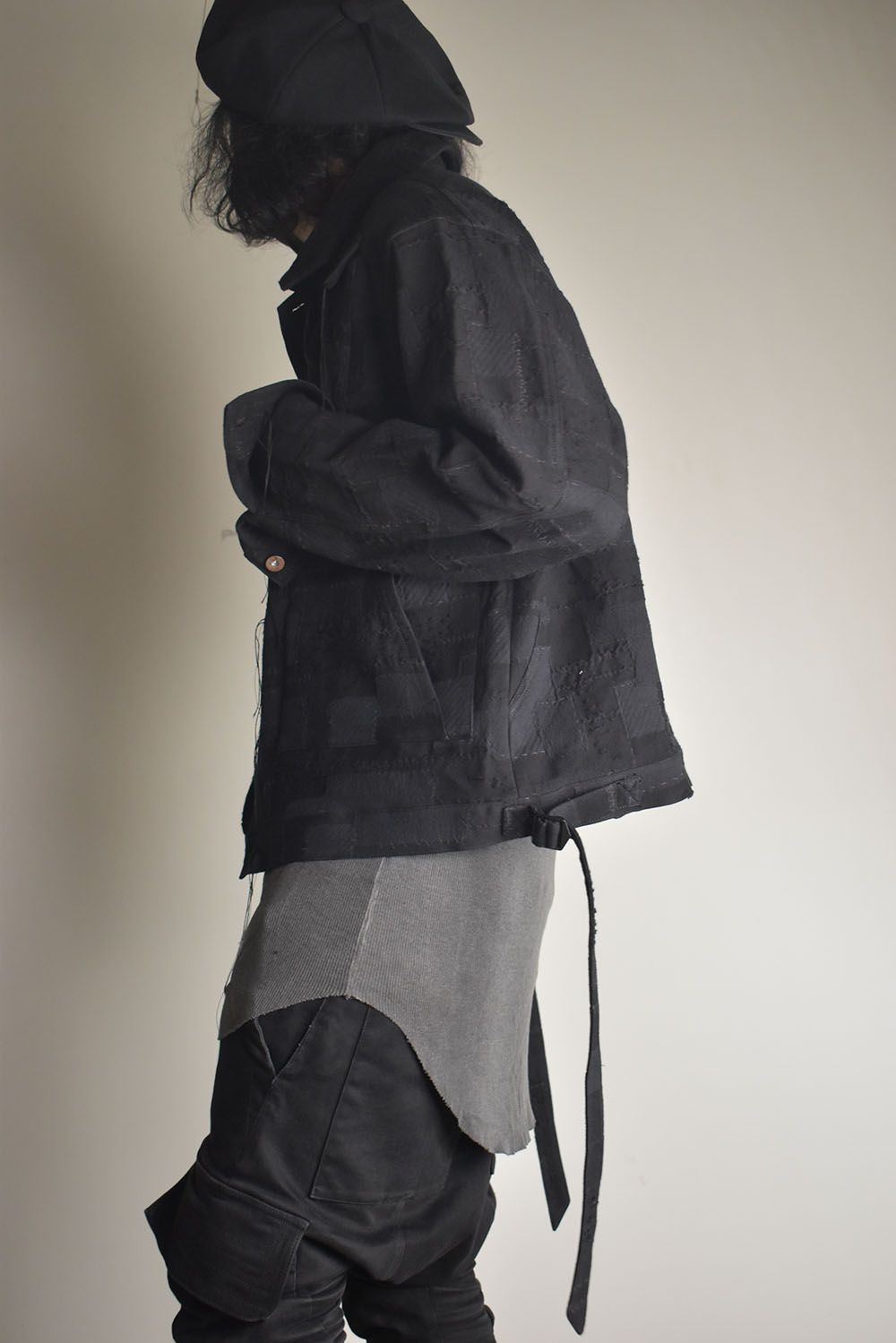 Crust Patchwork Jacquard Hood Attached Jacket "Black" / クラストパッチワークジャガードフードアタッチドジャケット"ブラック"