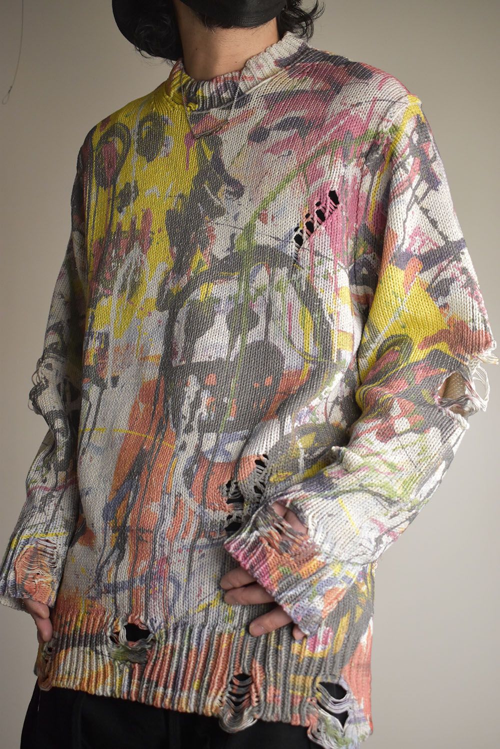 Inkjet Print Cotton 3GG Damaged Knit PulloVer"Color Print" / インクジェットプリント コットン 3GG ダメージニットプルオーバー "カラープリント"