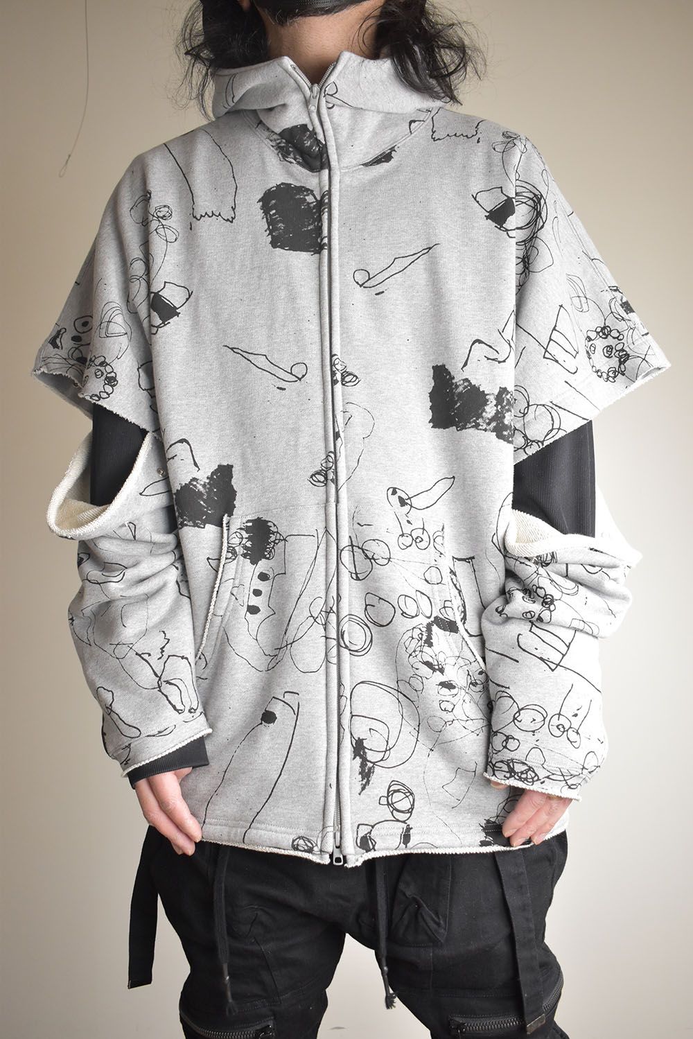 Sweat Oversize Print Zip Up Hoodie"Grey" / スウェットオーバーサイズプリントジップアップパーカ"グレー"