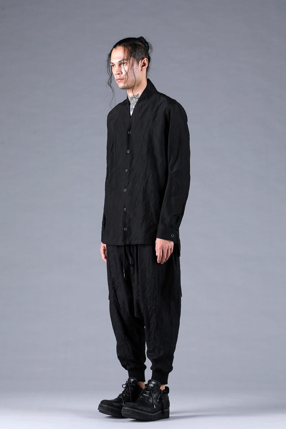 Silk Cotton Washer Shawl Collar Shirt"Black" / シルクコットンワッシャーショールカラーシャツ"ブラック"