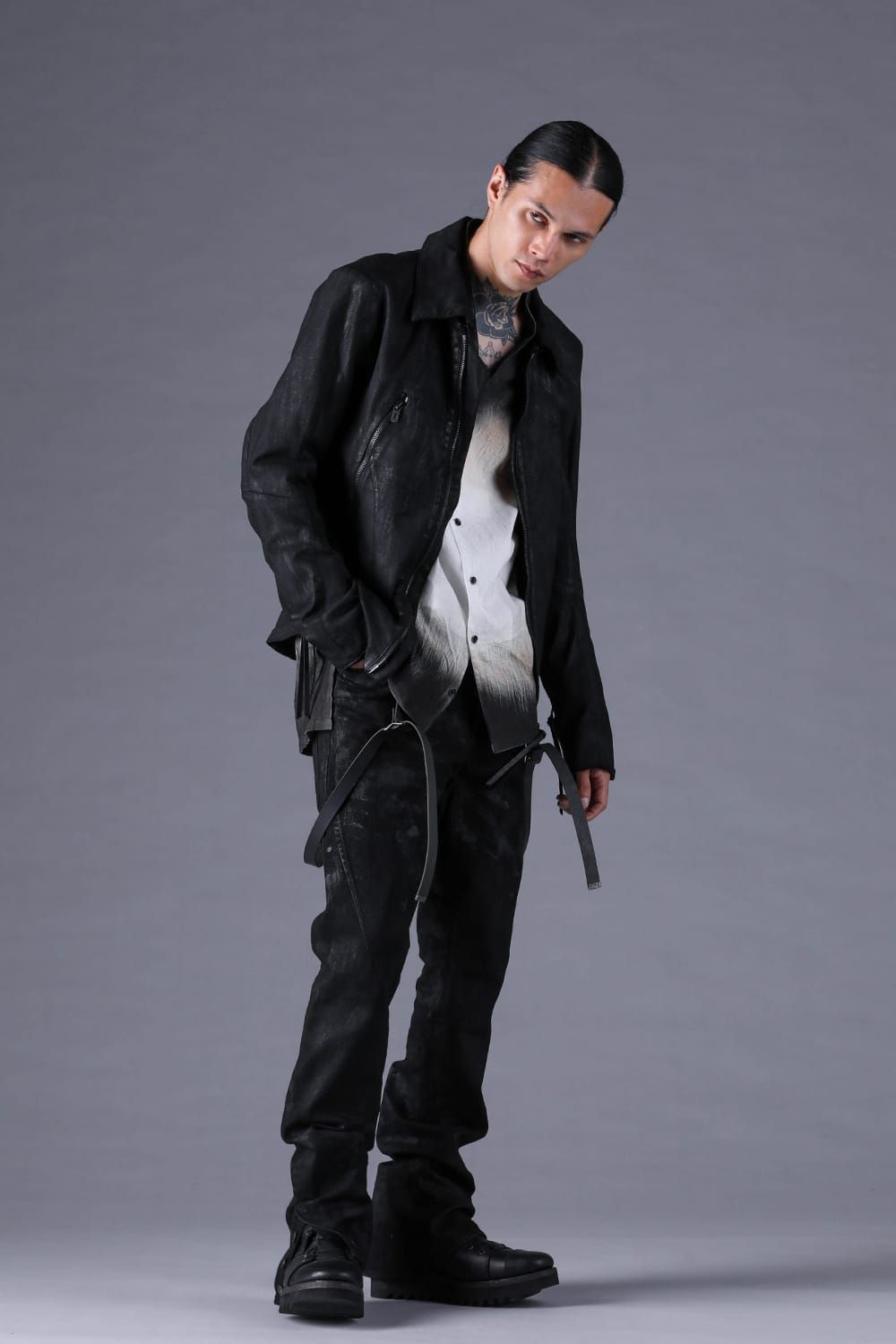 《2027SS先行予約分》Product Coated Stretch Denim Flared Slim Pants"Black" / 製品コーティングストレッチデニムフレアスリムパンツ"ブラック"