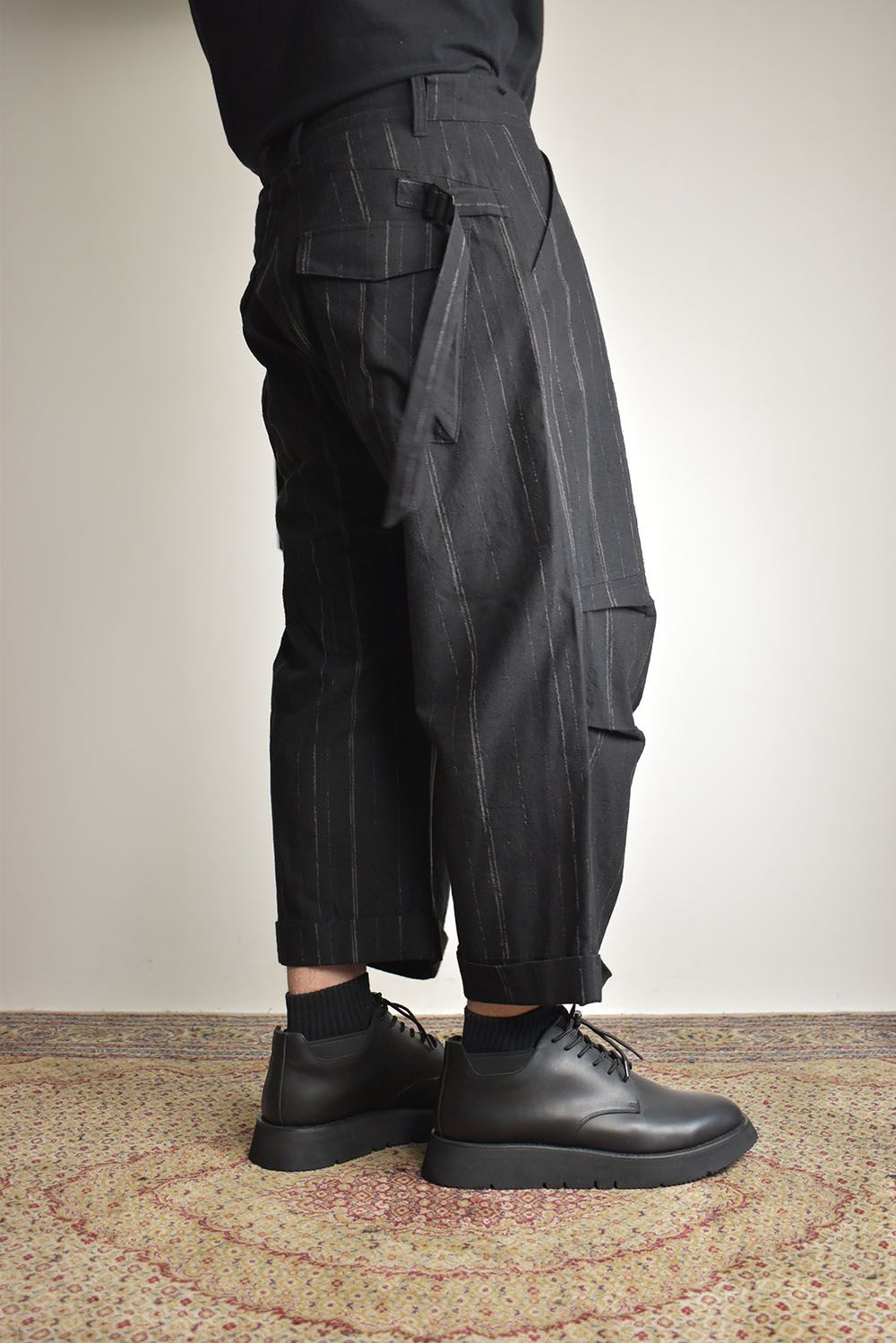 Faded Random Stripe Wide Cropped Pants"Black" / フェードランダムストライプワイドクロップドパンツ"ブラック"