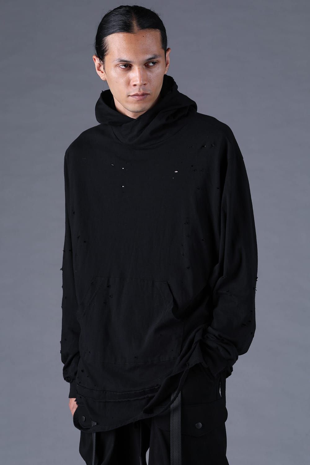 《2027SS先行予約分》Soft Cotton Jersey Shotgun-Damage Hoodie"Black" / ソフトコットンジャージショットガンダメージフーディー"ブラック"