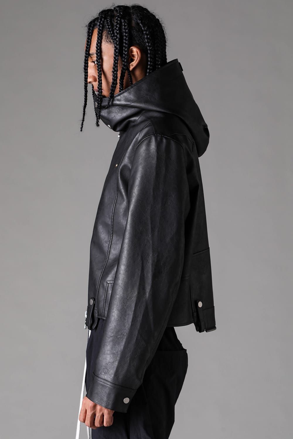 《2027SS先行予約》Vegan Leather Hoodei Double Riders "Black" / ヴィーガンレザーフーディダブルライダース"ブラック"