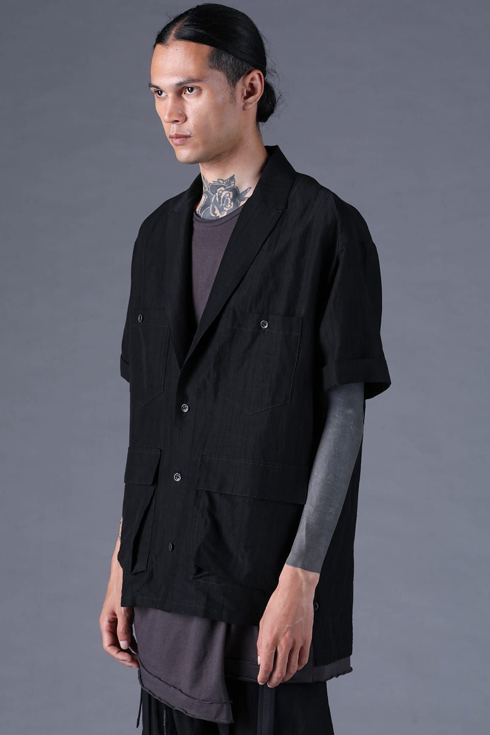 《2027SS先行予約分》Scar Stripe Jacquard Tailored S/S Shirt"Black" / スカーストライプジャガードテーラードショートスリーブシャツ"ブラック"