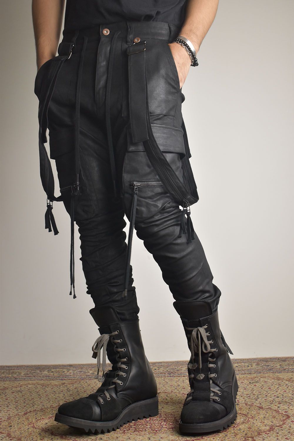 Product Coated Suspenders Cargo Jog Pants "Black" / 製品コーティングサスペンダーベルトカーゴジョグパンツ"ブラック"