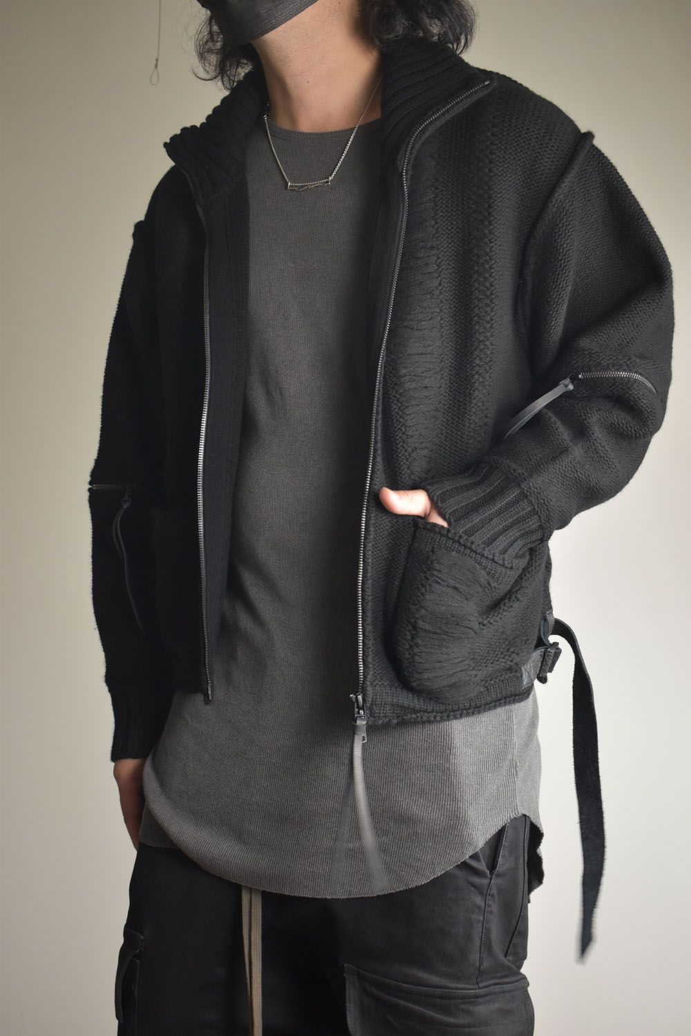 Damage Stripe Knit Cropped Jacket "Black" / ダメージストライプニットクロップドジャケット"ブラック"