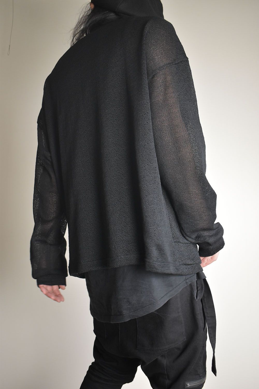 Cotton Low Gauge Knit Cardigan Layered Pullover"Black" / コットンローゲージニットカーディガンレイヤードプルオーバー"ブラック"