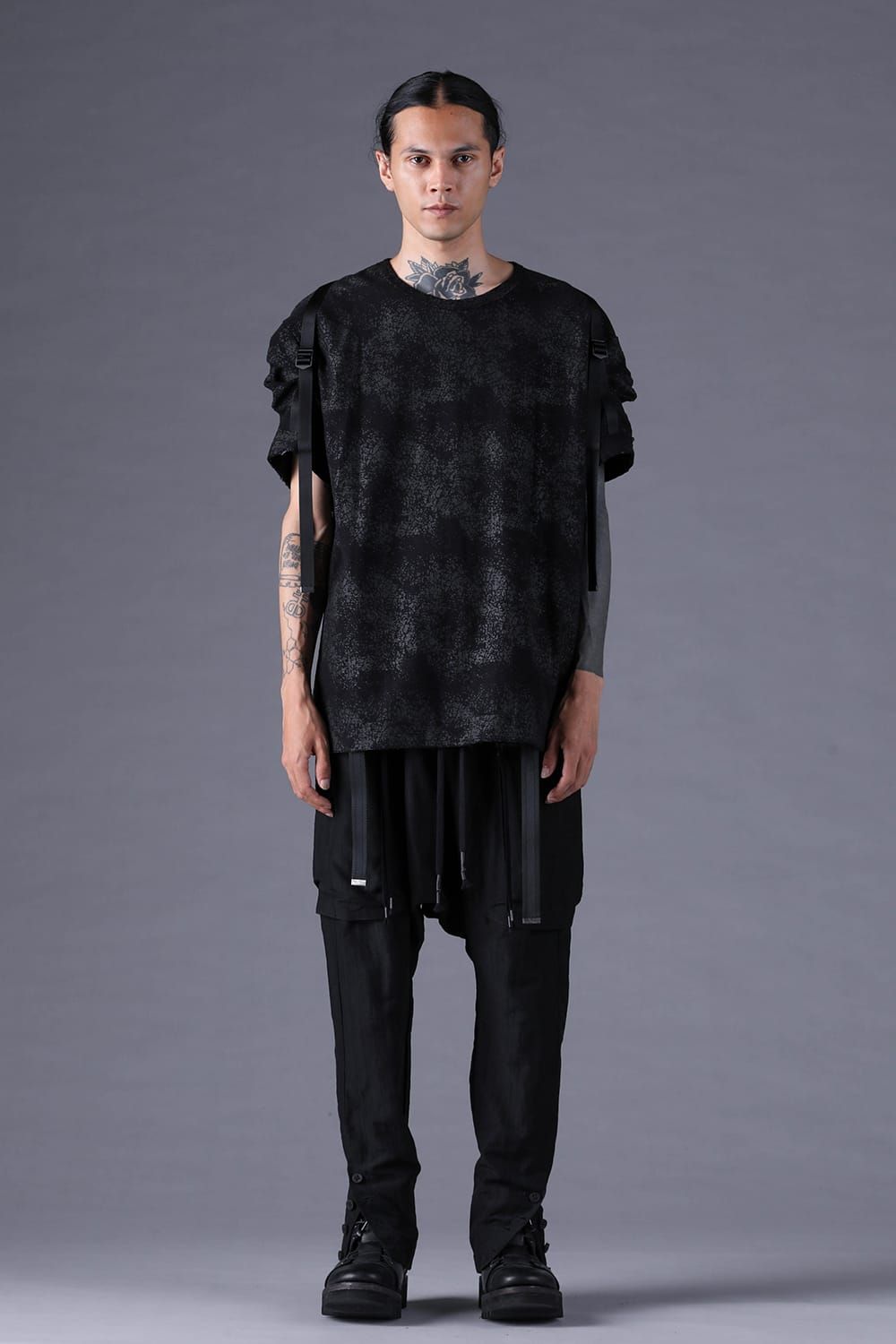 《2027SS先行予約分》Crack-Coated Jersey Belt-Adjustable S/S T-Shirt"Black" / クラックコーティングジャージーベルトアジャストショートスリーブTee"ブラック"