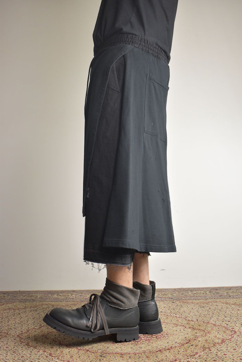 Stretch Denim Distressed Apron Wide Cropped Pants "Black" / ストレッチデニムダメージエプロンワイドクロップドパンツ"ブラック"