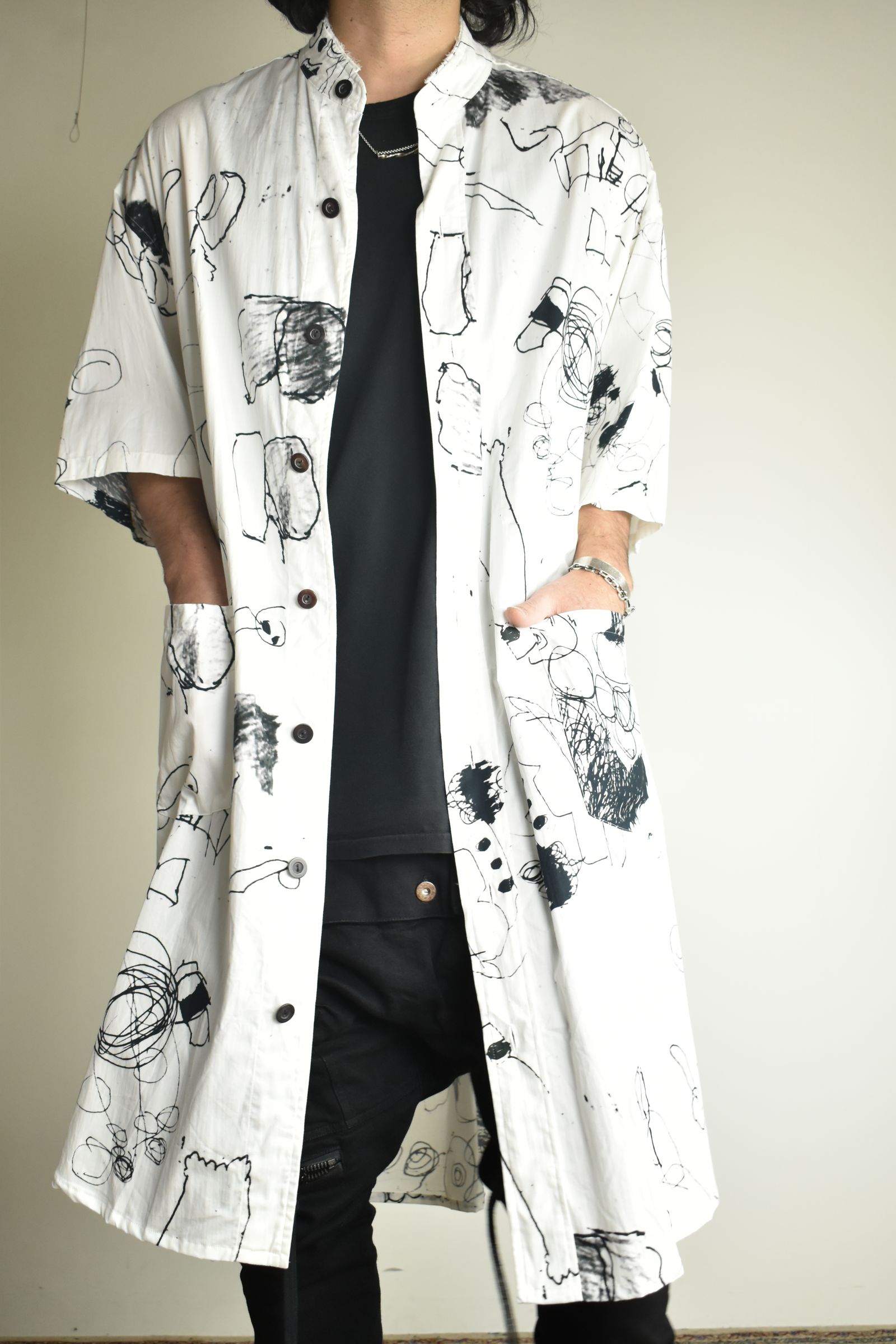 Cotton Twill Ink Jet Short-Sleeved Big Shirt&Dress"White Black" / コットンツイルインクジェット半袖ビッグシャツ / ワンピース"ホワイト ブラック"