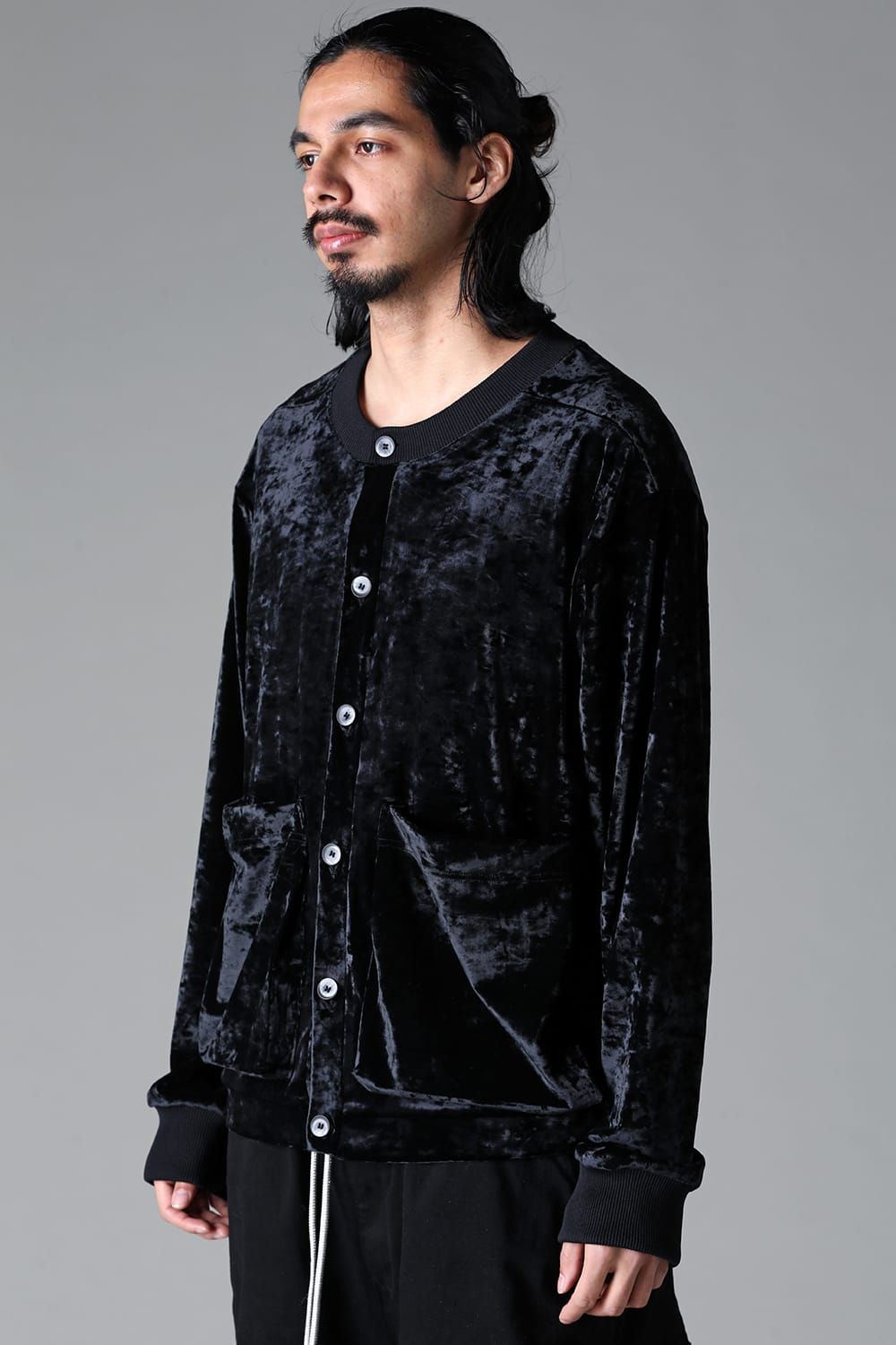 《2025AW先行予約》Washer Velor Crew Neck Cardigan Top"Black/Ivory" / ワッシャーベロアクルーネックカーディガン"ブラック/アイボリー"