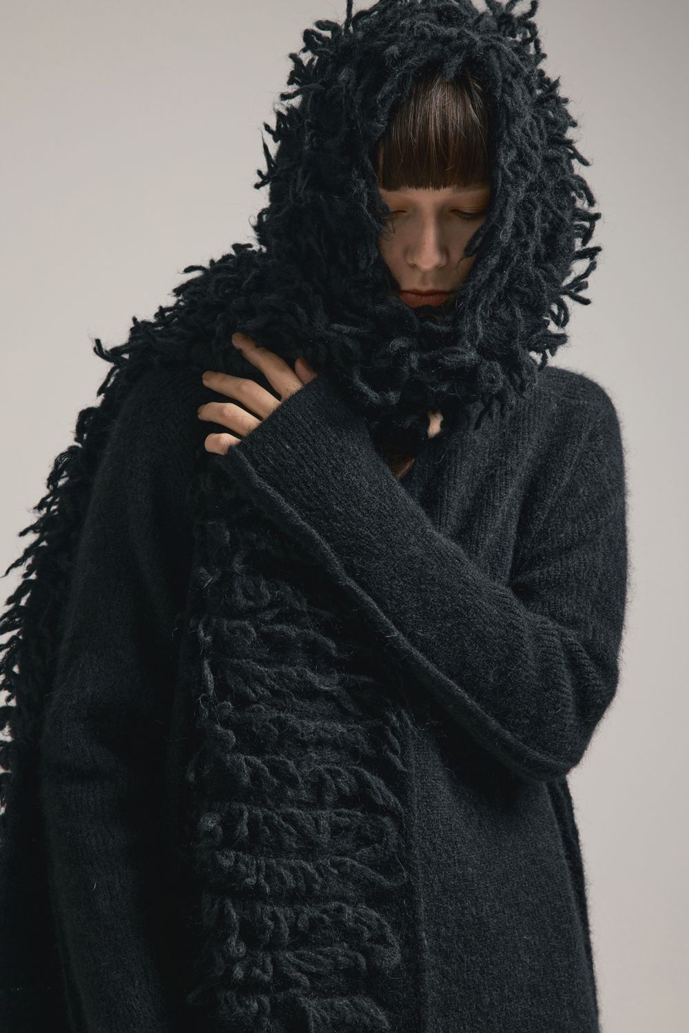 5GG Long Pile Knit Hoodie Stole"Black" / ロングパイルニットフーディストール"ブラック"