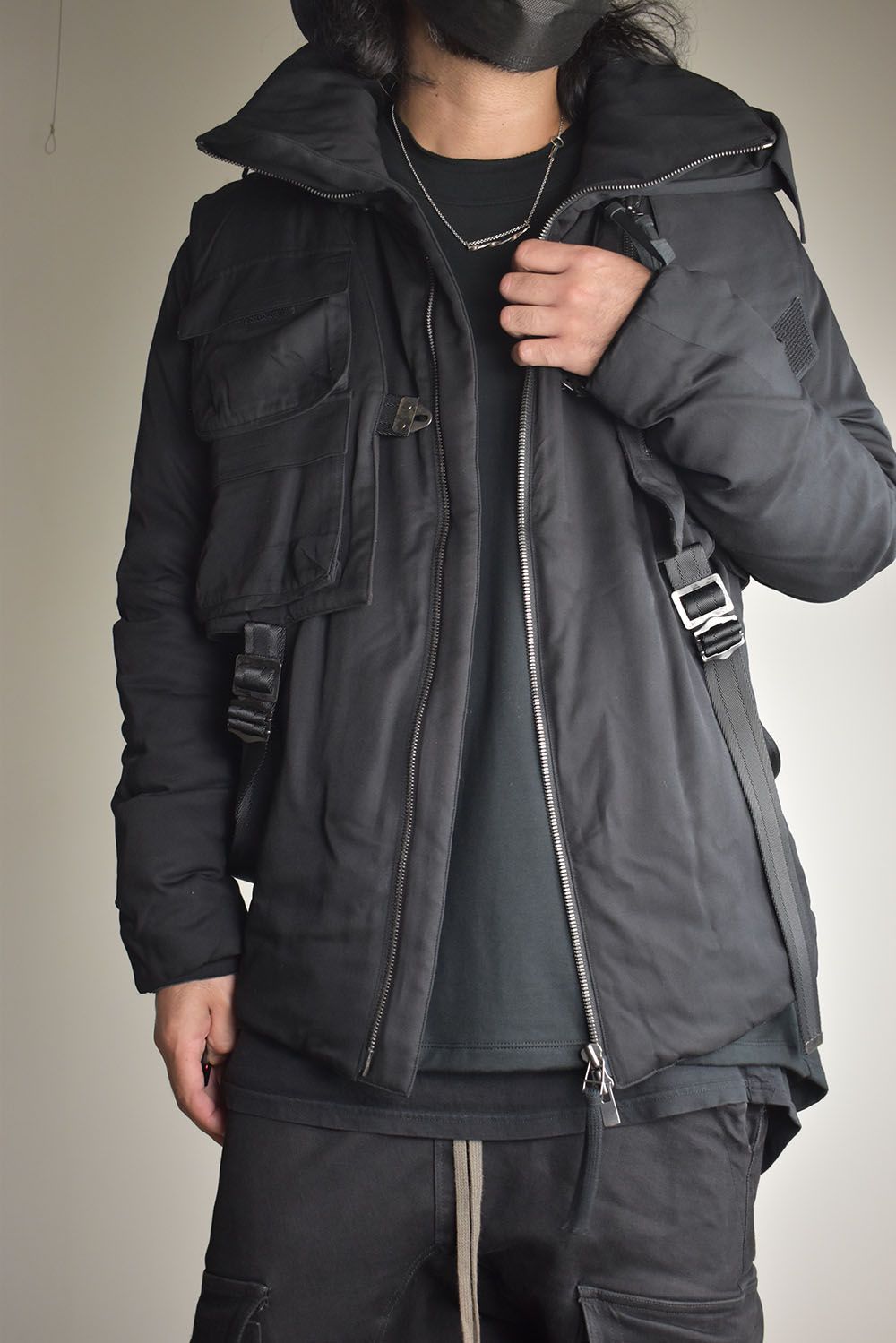 Rayon Twill Vest Hooded Down Jacket "Black" / レーヨンツイルベスト/フードアタッチドダウンジャケット"ブラック"