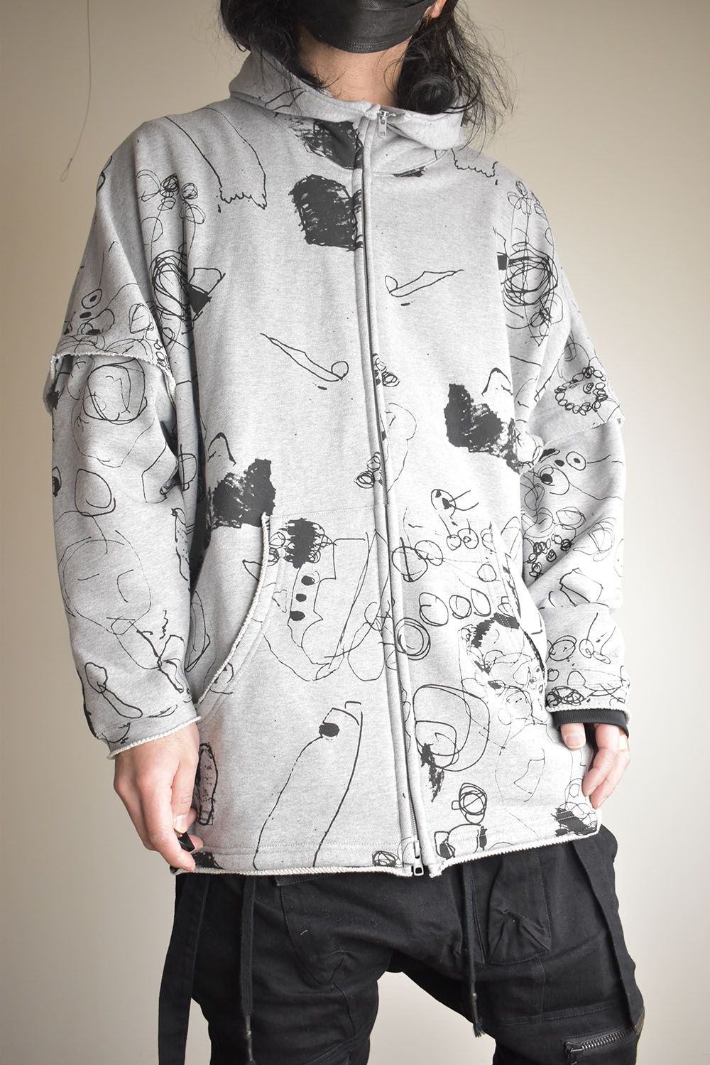 Sweat Oversize Print Zip Up Hoodie"Grey" / スウェットオーバーサイズプリントジップアップパーカ"グレー"