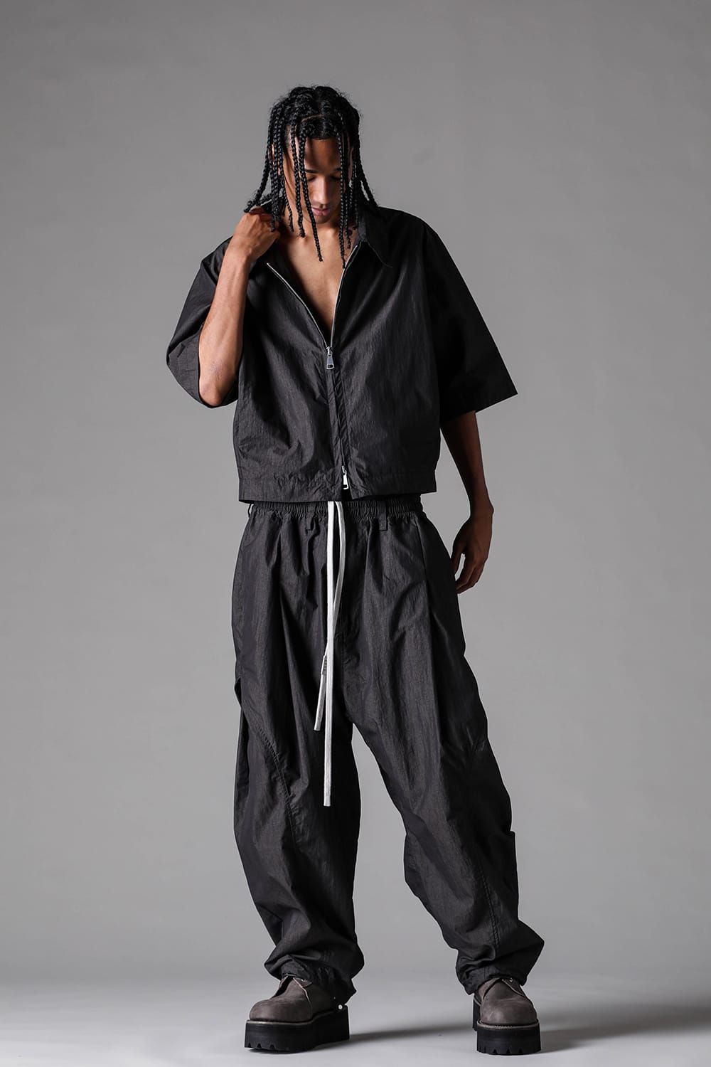 《2027SS先行予約》Cotton Nylon Zip Half Sleeve Shirts"Black" / コットンナイロンジップハーフスリーブシャツブラック"