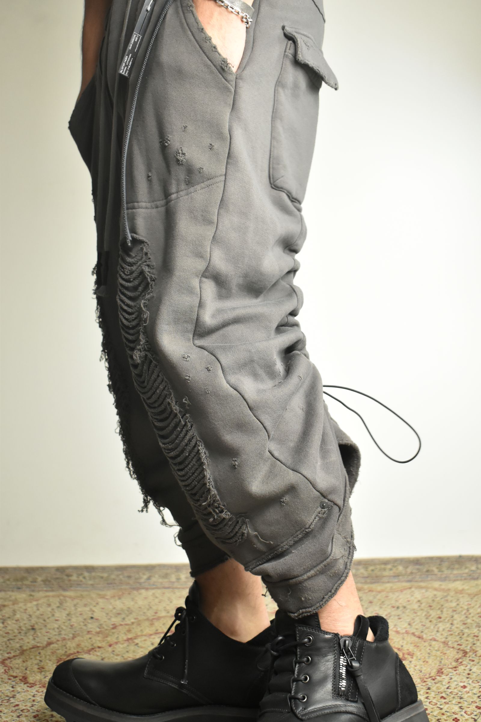Untwisted Yarn Fleece Shotgun Wide Cropped Pants"Charcoal" / 無撚糸裏毛ショットガンワイドクロップドパンツ"チャコール"