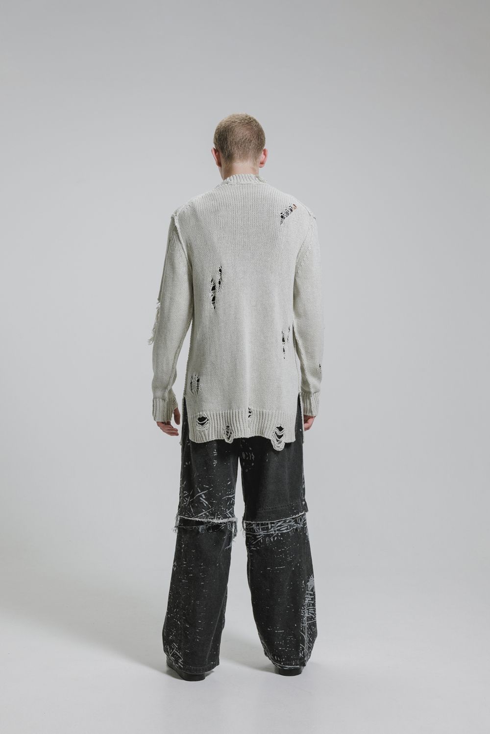 Cotton 3GG Damaged Knit Pullover"Light Grey" / コットン 3GG ダメージニットプルオーバー"ライトグレー"