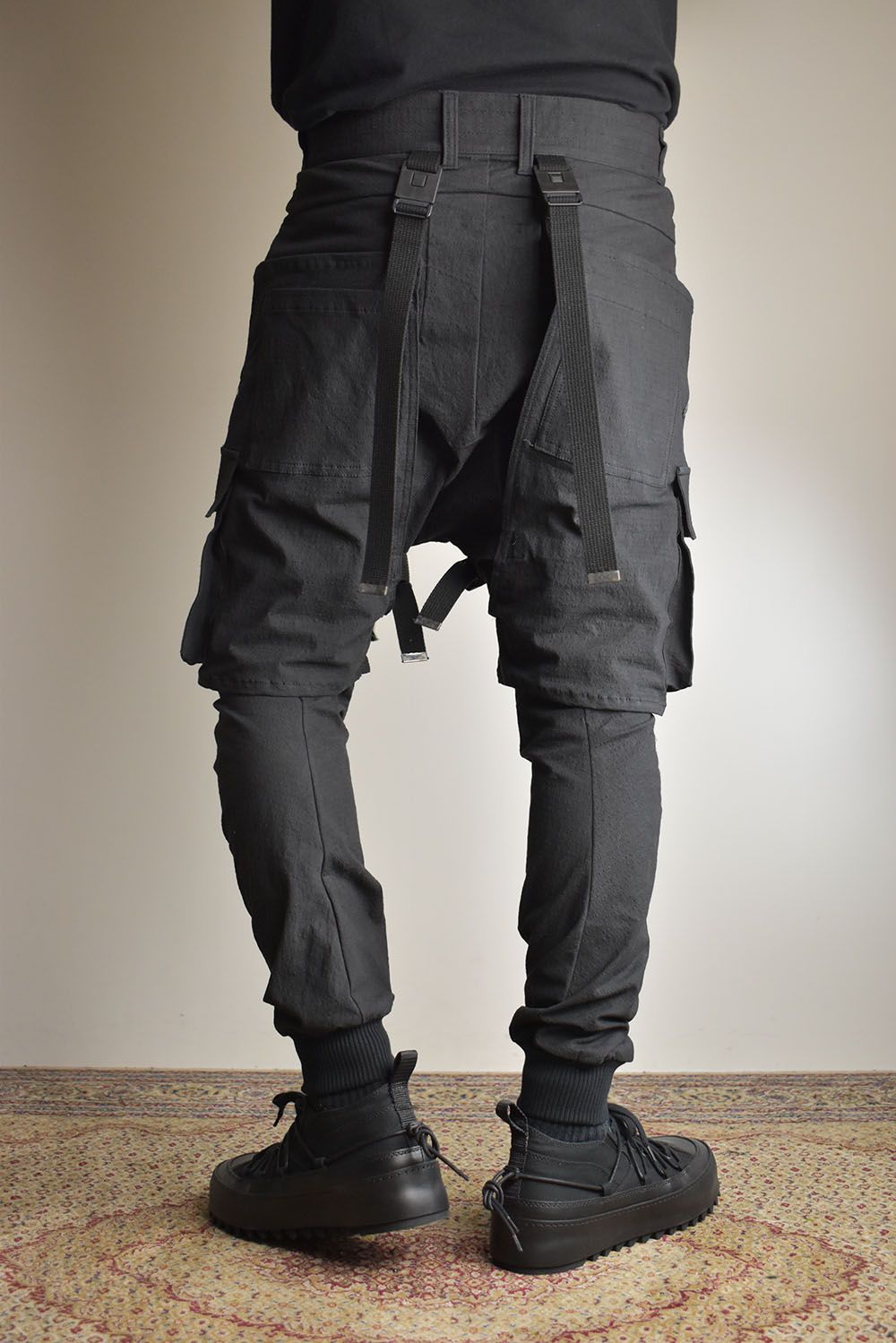 Ripstop Detachable Shorts Layered Cargo Jog Pants"Black" / リップストップデタッチャブルショーツレイヤードカーゴジョグパンツ"ブラック"