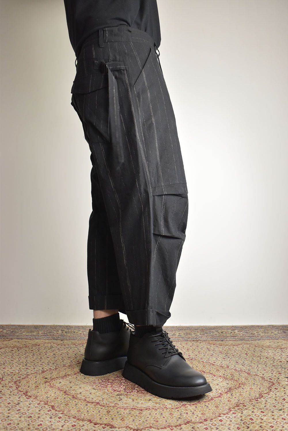 Faded Random Stripe Wide Cropped Pants"Black" / フェードランダムストライプワイドクロップドパンツ"ブラック"