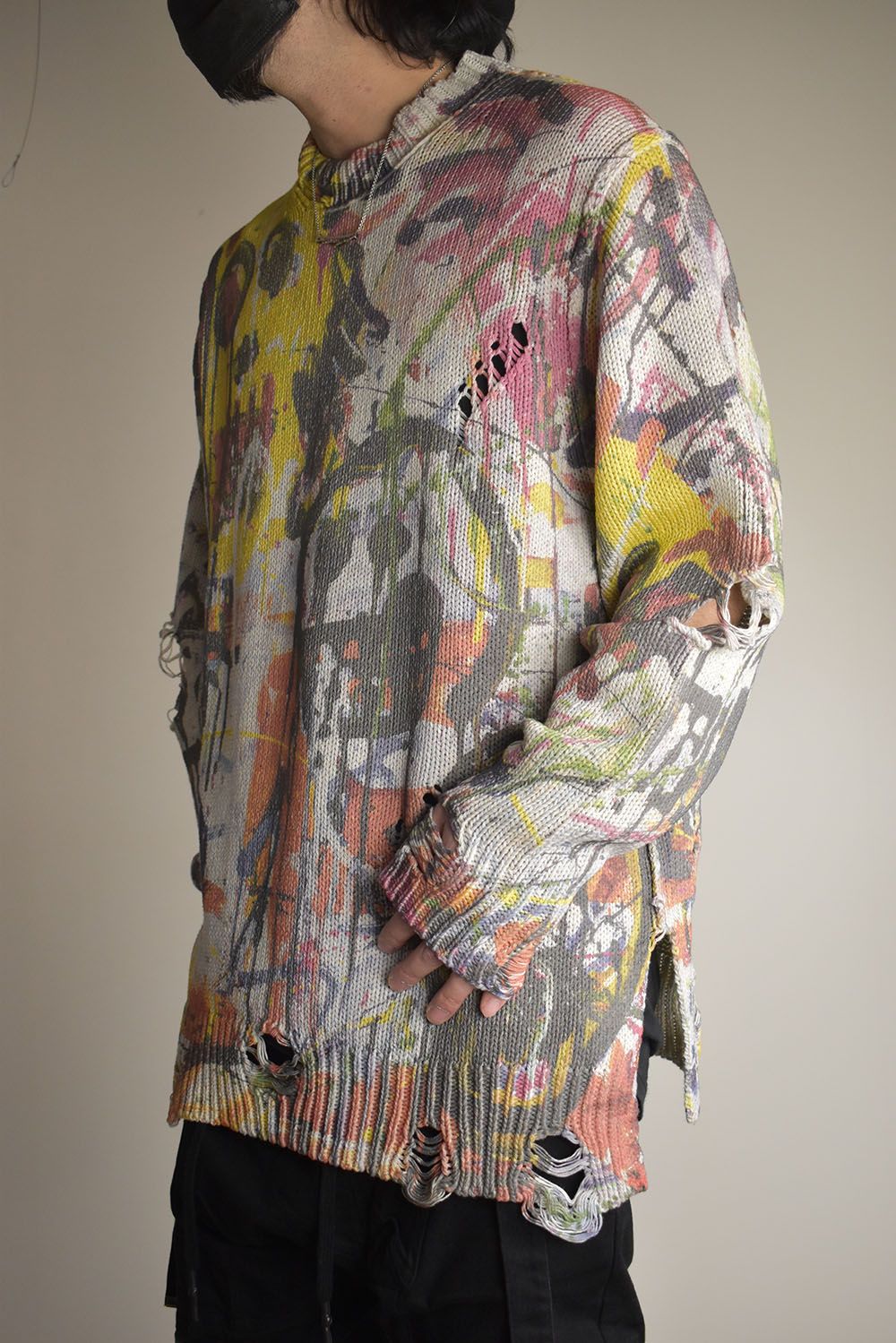 Inkjet Print Cotton 3GG Damaged Knit PulloVer"Color Print" / インクジェットプリント コットン 3GG ダメージニットプルオーバー "カラープリント"