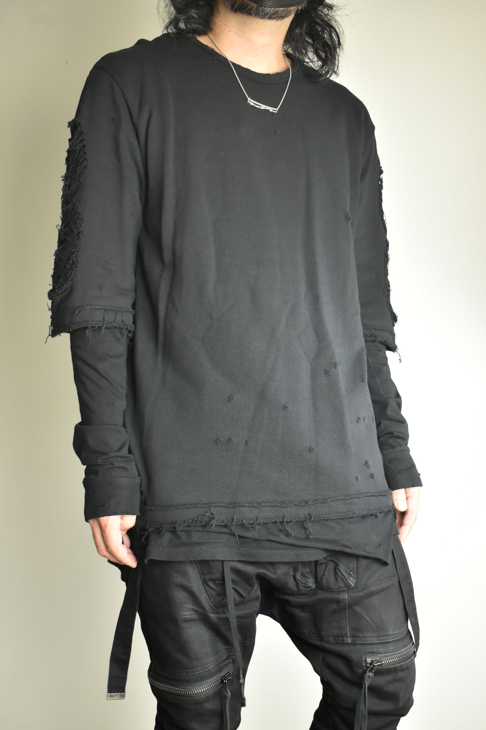 Sweat Shotgun Damage Layered Tee"Black" / 裏毛ショットガンダメージレイヤードTee"ブラック"