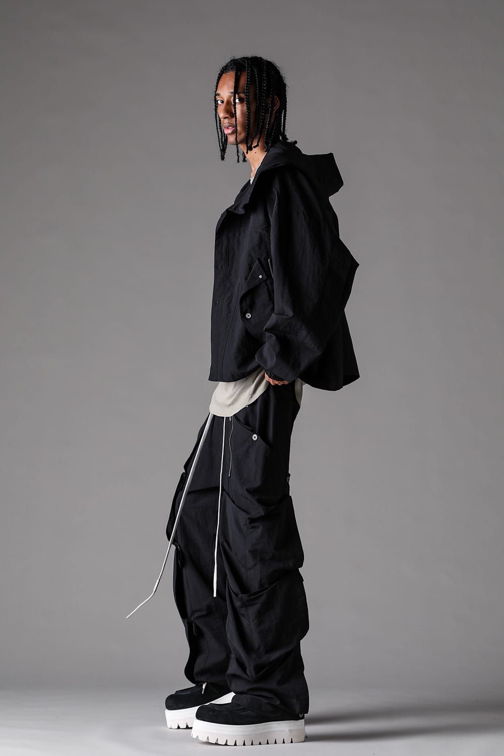 《2027SS先行予約》Rayon Nylon Hoodie Blouson "Black / Grey / L.Khaki" /レーヨンナイロンフーディブルゾン"ブラック/グレー/ライトカーキ"
