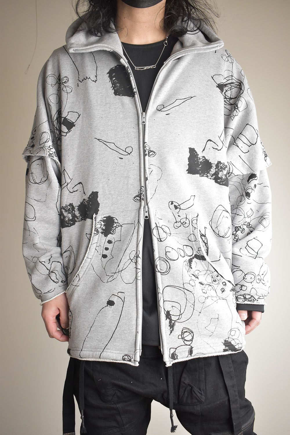 Sweat Oversize Print Zip Up Hoodie"Grey" / スウェットオーバーサイズプリントジップアップパーカ"グレー"