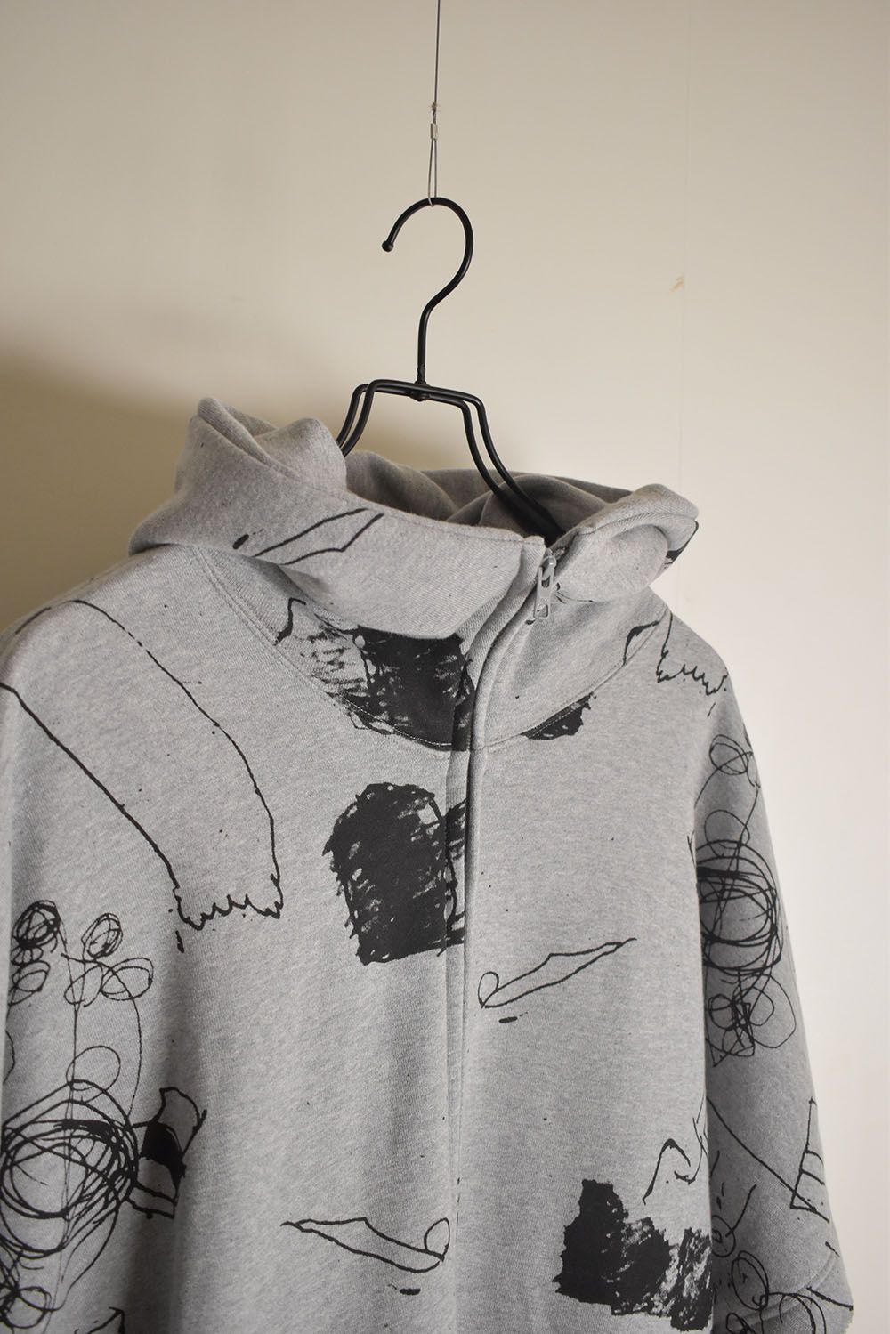 Sweat Oversize Print Zip Up Hoodie"Grey" / スウェットオーバーサイズプリントジップアップパーカ"グレー"