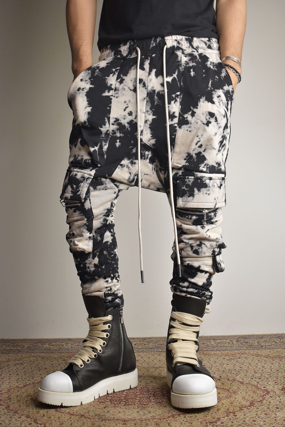 Discharge Pinting Cargo Sarouel Skinny"Black×Ivory" /ディスチャージプリントカーゴサルエルスキニー"ブラック×アイボリー"