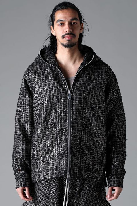 《2025AW先行予約》Glossy Tweed Zipper Hooded Blouson"Black / Black Gold"/グロッシーツイードジッパーフーデッドブルゾン"ブラック / ブラックゴールド"