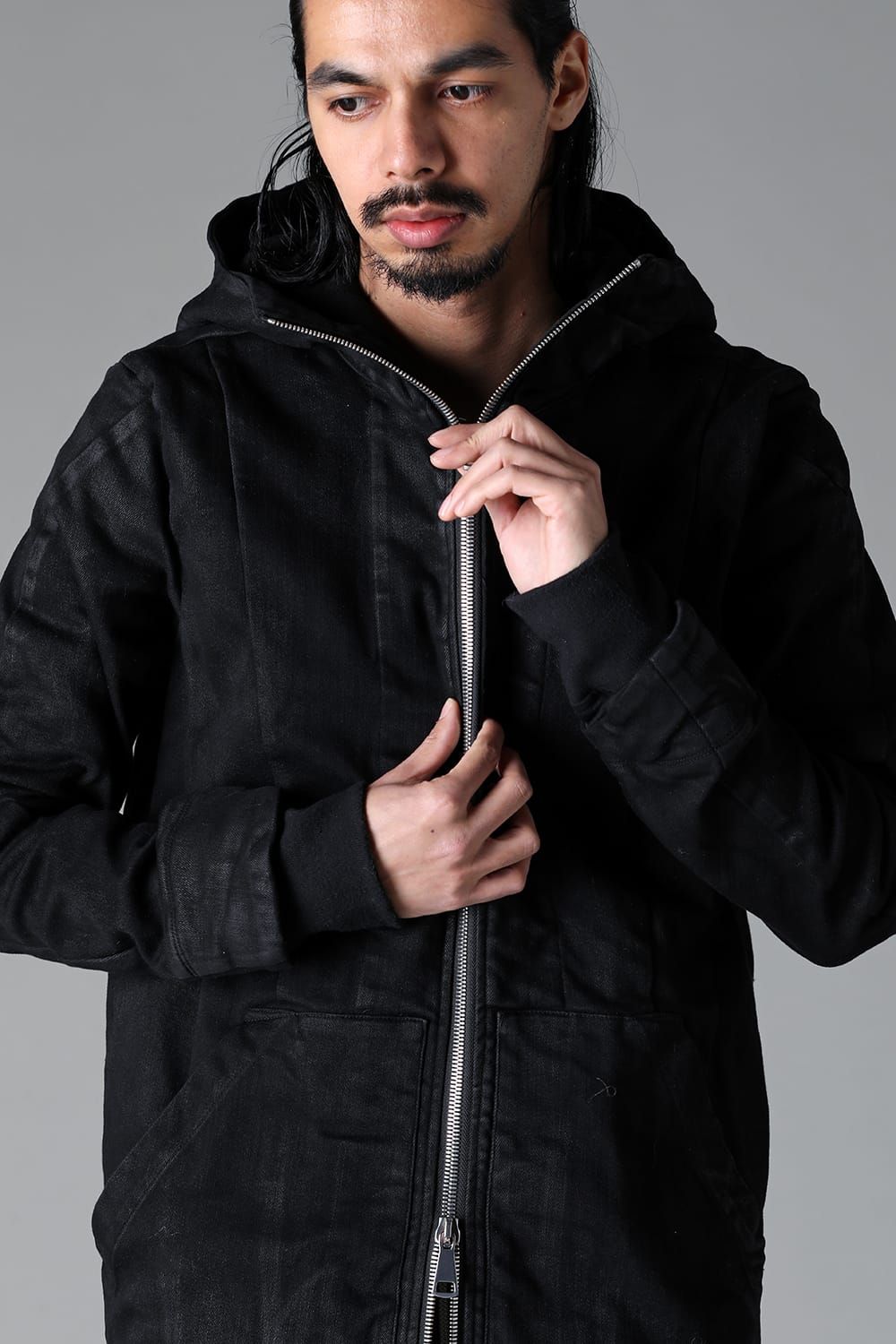 《2025AW先行予約》Coated Bonding  Hoodie Denim Blouson"Black" / コーディングボンディングフーデッドデニムブルゾン"ブラック"