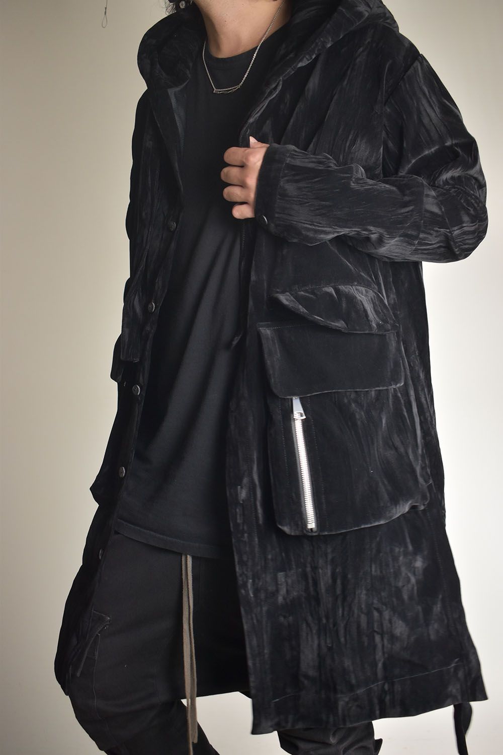 Washer Velour Hooded Long Jacket"Black" / ワッシャーベロアフーデッドロングジャケット"ブラック"