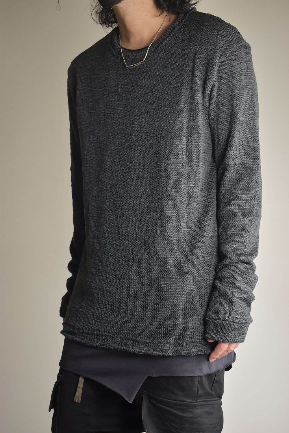 Low-Gauge knit × Cotton Jersey Layered Tee "Charcoal" / ローゲージニット×コットンジャージレイヤードTシャツ"チャコール"