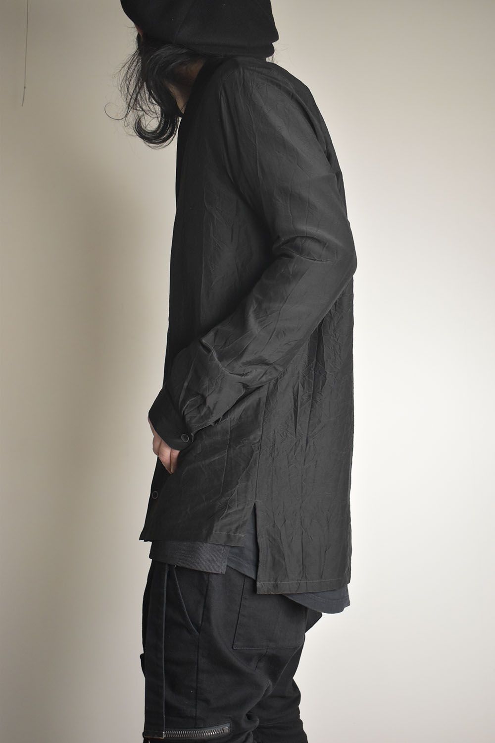 Silk Cotton Washer Shawl Collar Shirt"Black" / シルクコットンワッシャーショールカラーシャツ"ブラック"