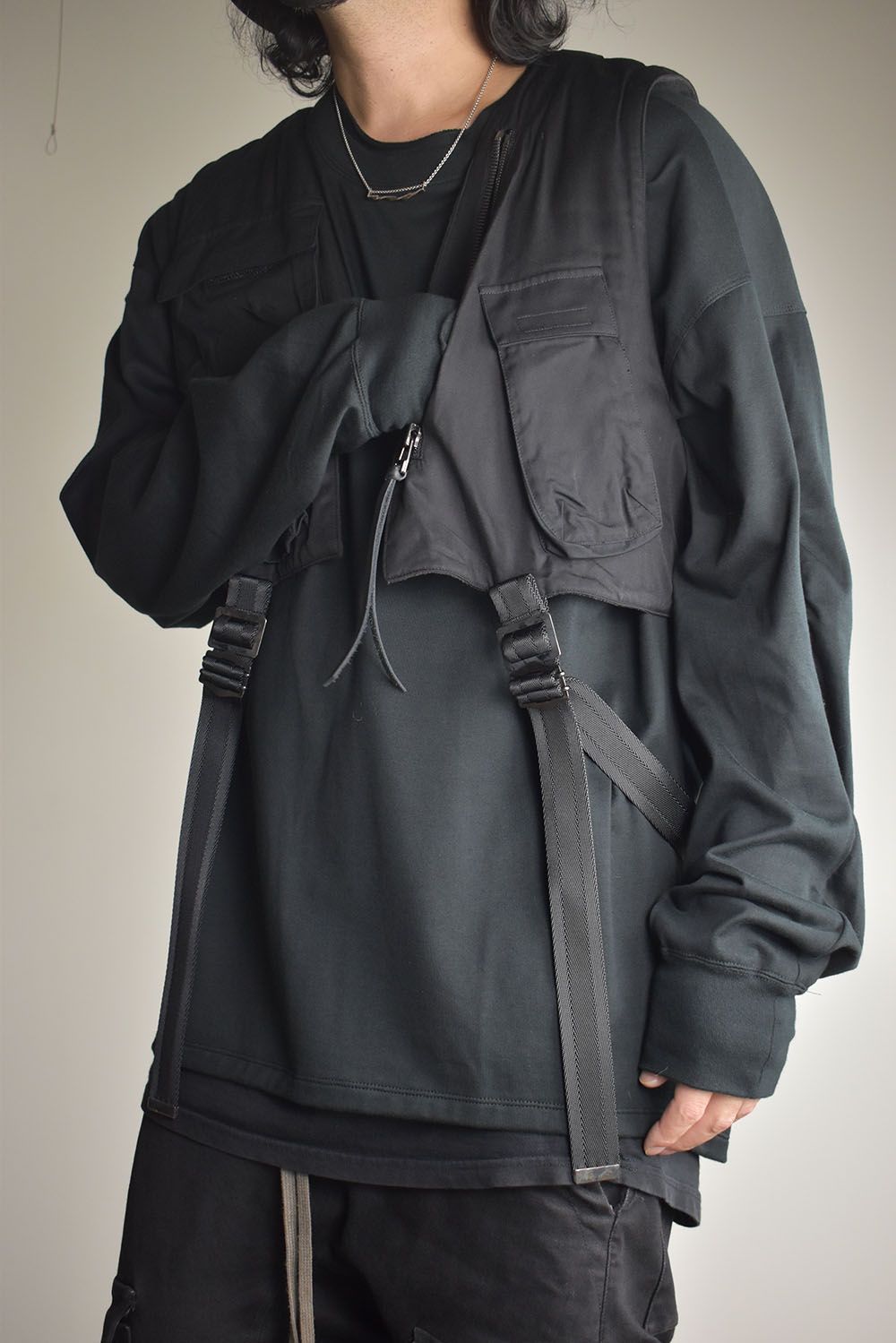 Rayon Twill Vest Hooded Down Jacket "Black" / レーヨンツイルベスト/フードアタッチドダウンジャケット"ブラック"