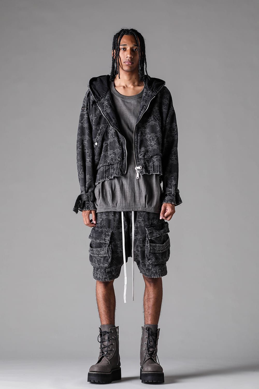 《2027SS先行予約》Jacgurd Denim Hoodie Blouson "Black / Blue" / ジャガードデニムフーディブルゾン"ブラック/ブルー"