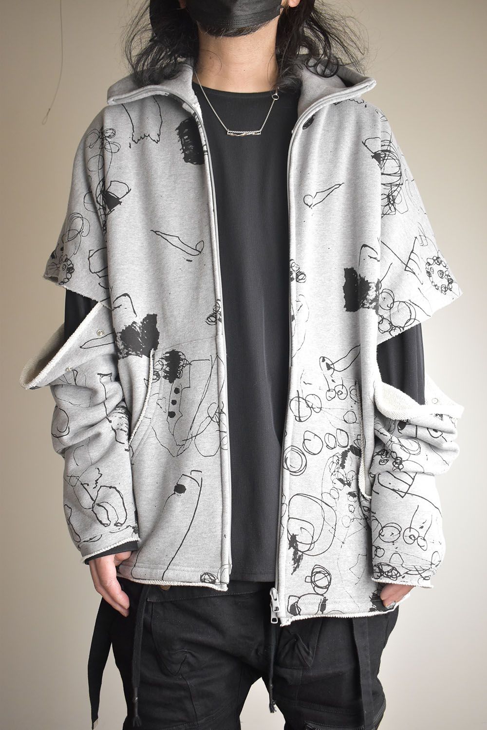 Sweat Oversize Print Zip Up Hoodie"Grey" / スウェットオーバーサイズプリントジップアップパーカ"グレー"